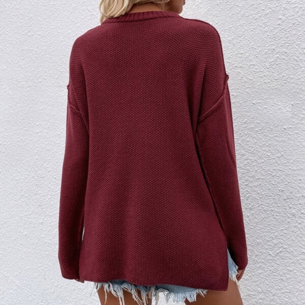 SOLD OUT Burgundy Button Neckline Oversized Relaxed Long Sleeve Knit Sweater - Picture 3 of 3